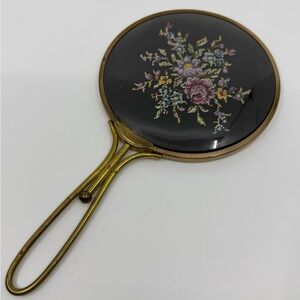 Vintage Floral embroidered Hand Mirror in Black and Gold